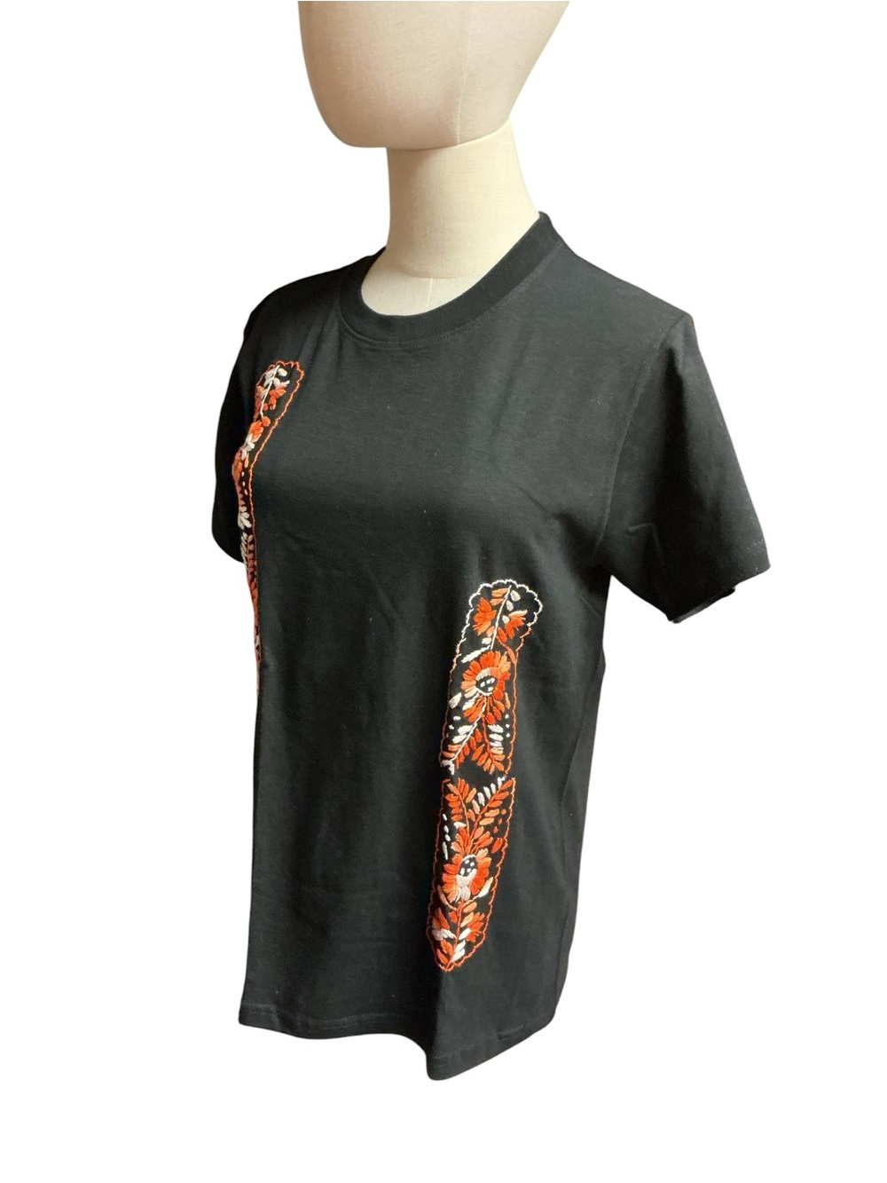 Black Floral Embroidered Crewneck Tee Fiesta Hand Embroidered